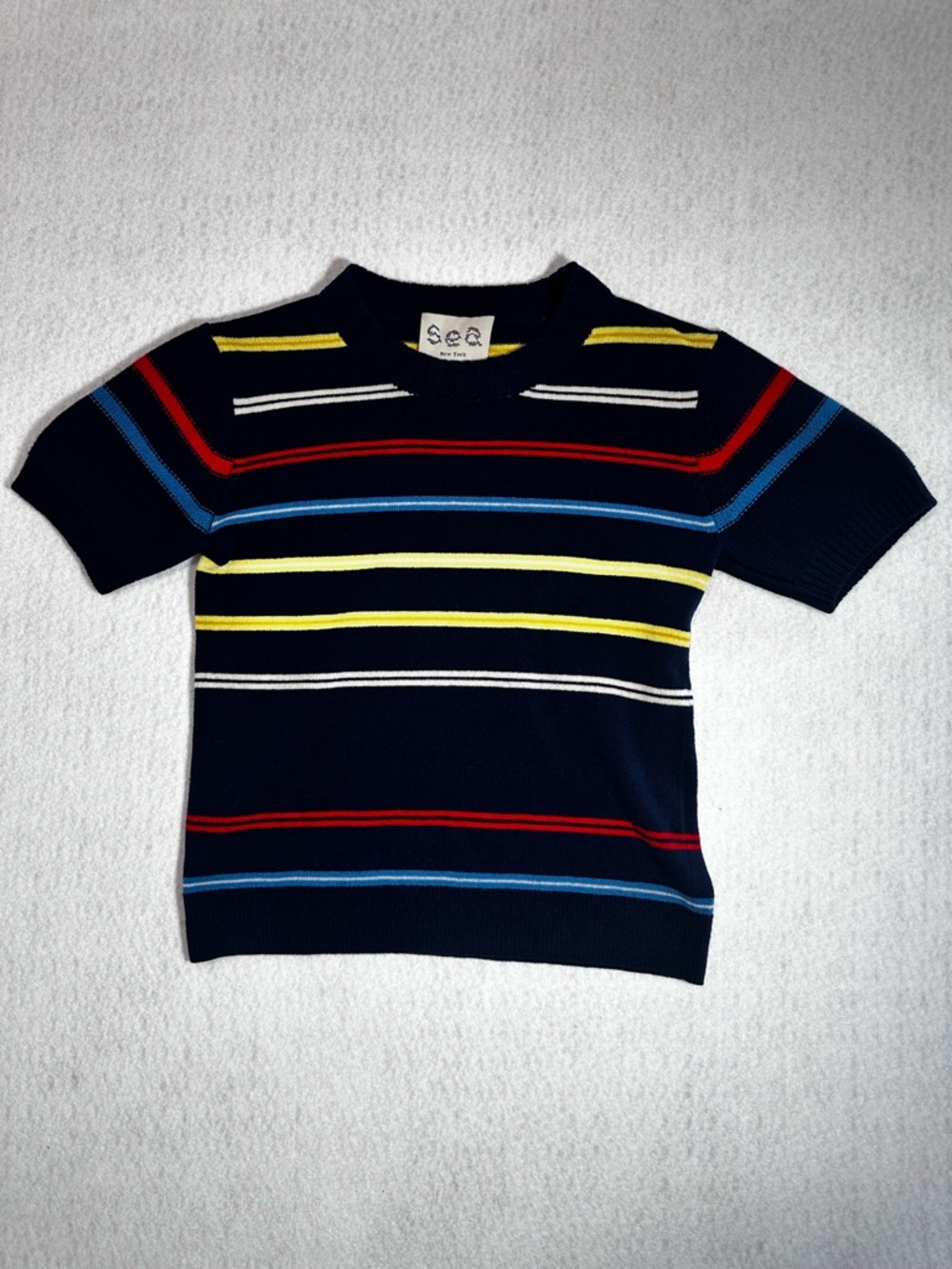 Sea New York Navy Rainbow Striped Short-Sleeve Wool Cashmere Blend